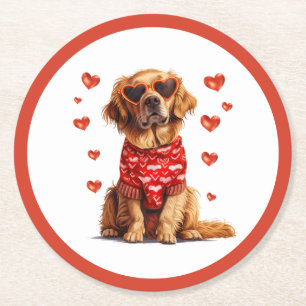 Valentines Day Golden Retriever Dog Round Paper Coaster