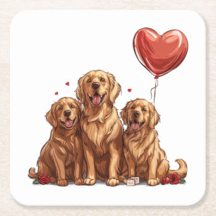 Valentines Day Golden Retriever Dog Square Paper Coaster