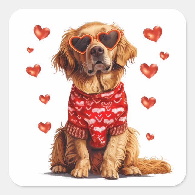 Valentines Day Golden Retriever Dog Square Sticker (Front)