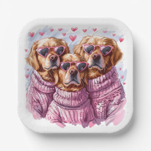 Valentines Day Golden Retriever Dogs Paper Plate