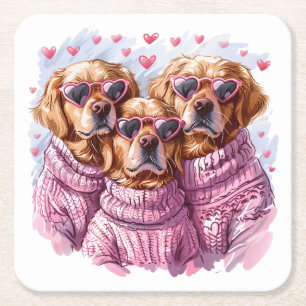 Valentines Day Golden Retriever Dogs Square Paper Coaster