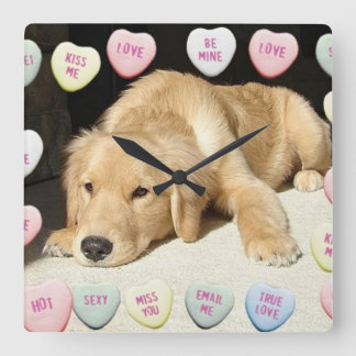 Valentine's Day Golden Retriever Square Wall Clock