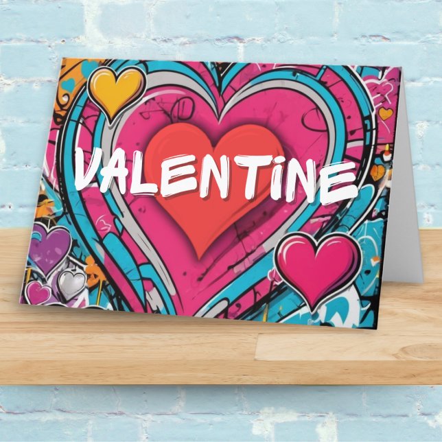 Valentine's Day Graffiti Hearts Custom Message Holiday Card (A vibrant, colorful Valentine's card, with love hearts design)