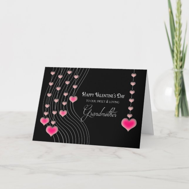 Valentine's Day - Grandmother -Black/Pink Hearts Holiday Card (Front)