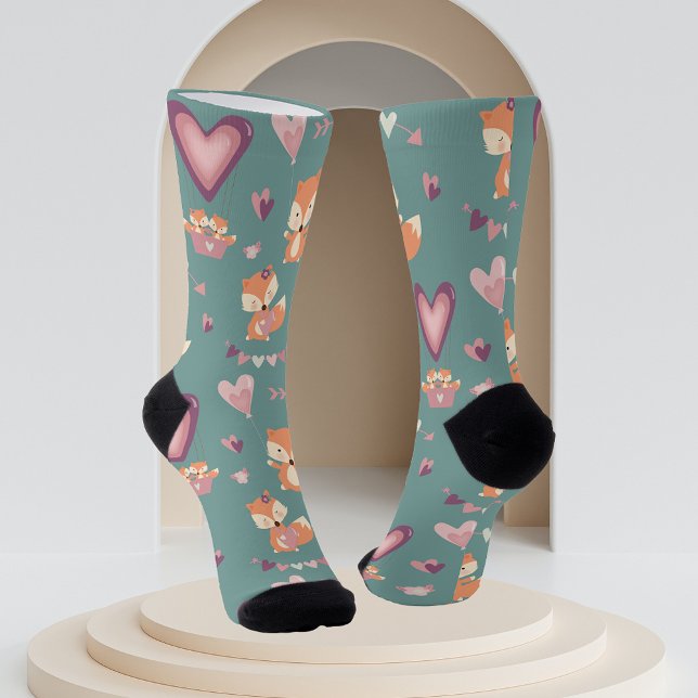 Valentine's Day Green Purple Hearts Fox Love  Socks (Creator Uploaded)