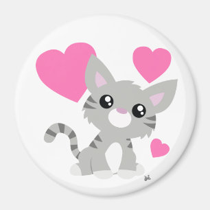 Valentine's Day Grey Kitty Button Magnet