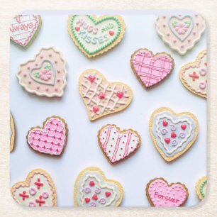 Valentine's day heart cookies square paper coaster