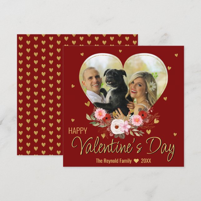 Valentine's Day Heart Gold Photo Glitter Hearts Holiday Card (Front/Back)