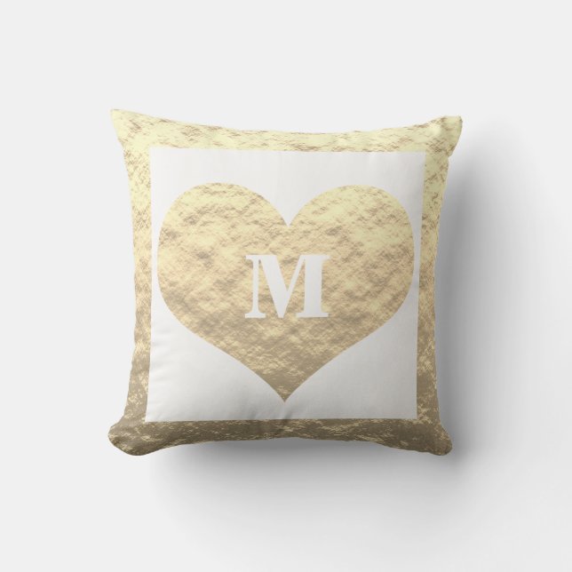 Valentine's Day Heart Monogram Initials Gold White Cushion (Front)