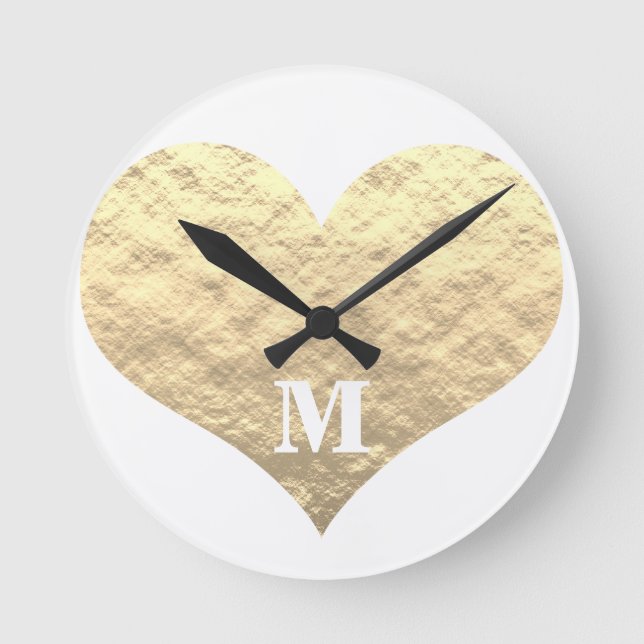 Valentine's Day Heart Monogram Initials Gold White Round Clock (Front)