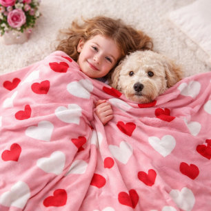 Valentine's Day Heart Pattern Pink Red White Fleece Blanket