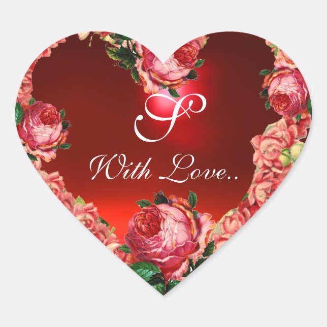 VALENTINE'S DAY HEART WITH PINK ROSES MONOGRAM STICKER (Front)