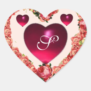 VALENTINE'S DAY HEART WITH PINK ROSES MONOGRAM STICKER