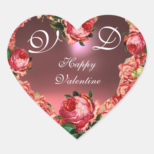 VALENTINE'S DAY HEART WITH PINK ROSES MONOGRAM STICKER (Front)