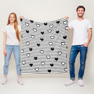Valentines Day Hearts Black White Stripes Pattern Fleece Blanket
