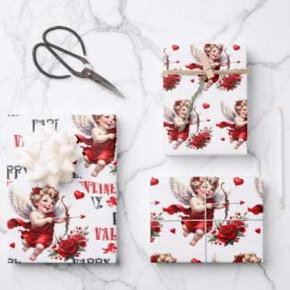 Valentine's Day Hearts Cute Cupid 3 Wrapping Paper Sheet