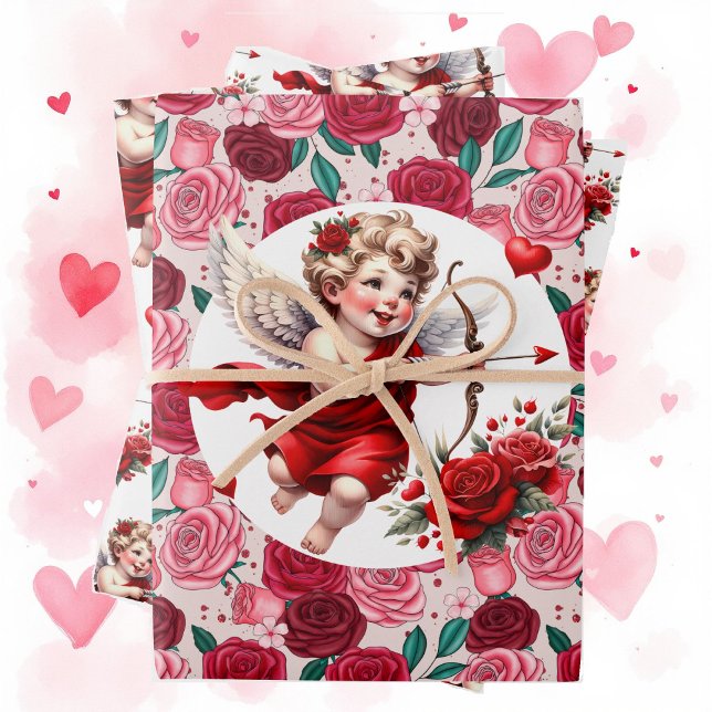Valentine's Day Hearts Cute Cupid 3 Wrapping Paper Sheet (Creator Uploaded)
