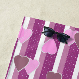 Valentine's Day hearts on striped background  Beach Towel