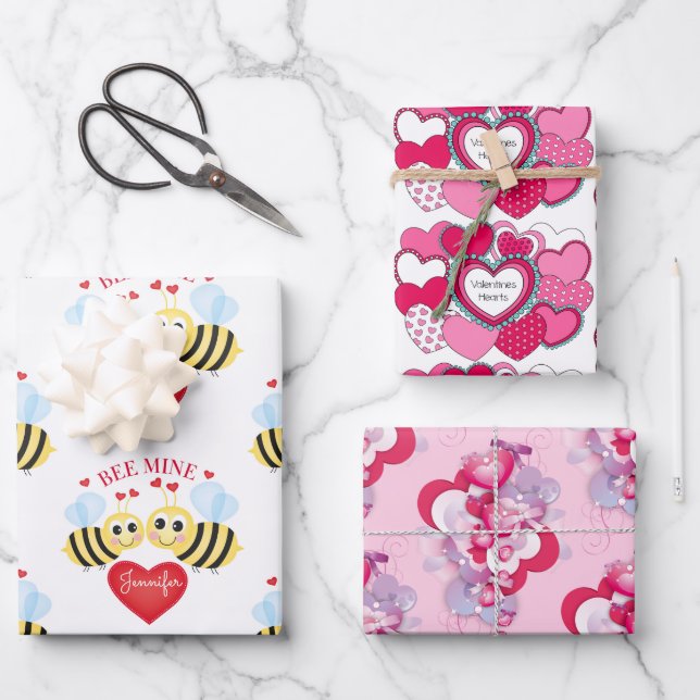 Valentine's Day Hearts Personalise Name Bee Mine Wrapping Paper Sheet (Front)