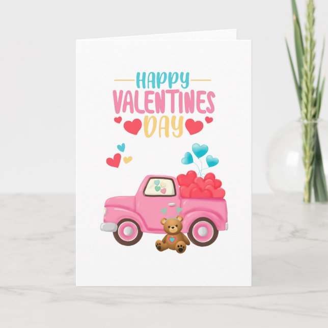 Valentine's Day Hearts Pink Truck Teddy Bear Card (Front)