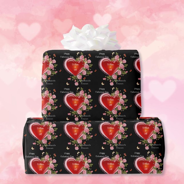Valentine's Day Hearts Roses Add Names Wrapping Paper (Creator Uploaded)
