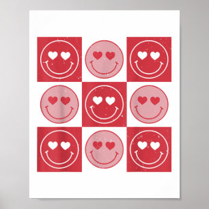 Valentines Day Hippie Groovy Smile Face Heart Chec Poster