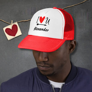 Valentines Day "I Love You" Red Heart Design Name Trucker Hat