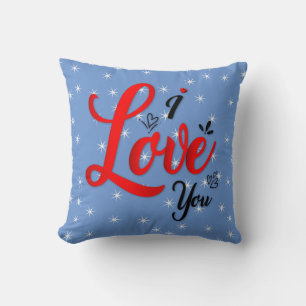 Valentines Day I Love You Red on Blue White Stars  Cushion