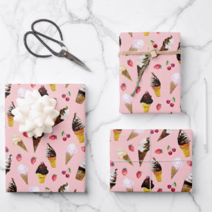 Valentine's Day Ice Cream Hand-Drawn Watercolor Wrapping Paper Sheet