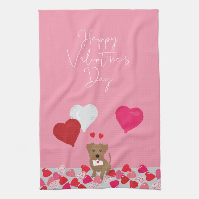 Valentines Day Illustrated Dog with Heart Balloons Tea Towel (Vertical)