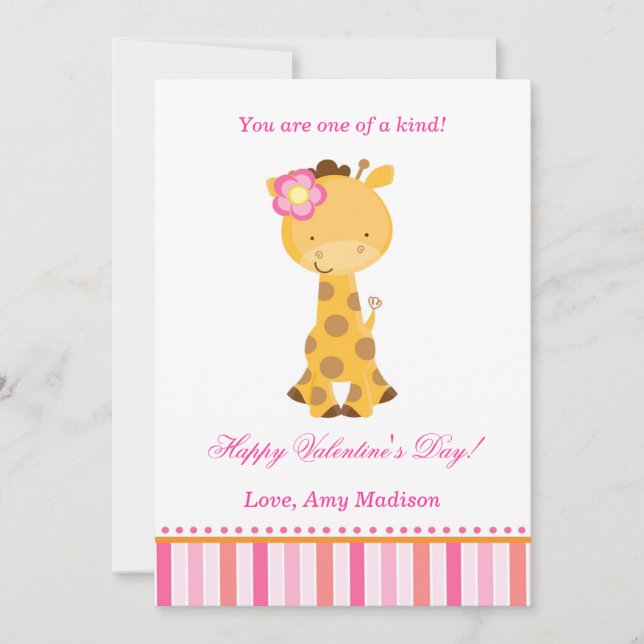 Valentines Day Kids Giraffe Pink Girl Card (Front)
