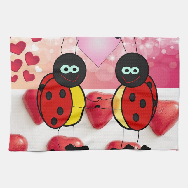 Valentine's Day Kitchen hand towel, Ladybug Tea Towel (Horizontal)