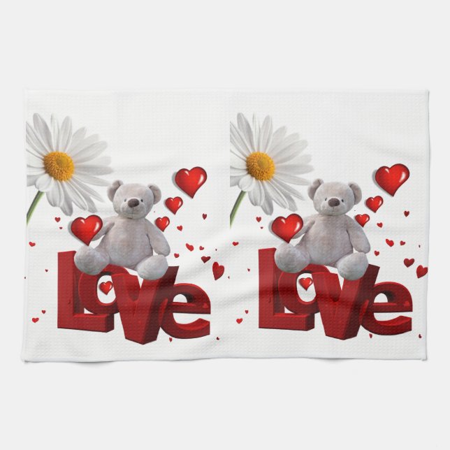 Valentine's Day Kitchen hand towel, Teddy Bear Tea Towel (Horizontal)