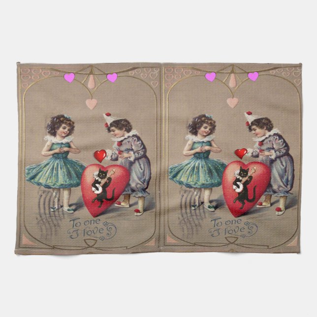 Valentine's Day Kitchen hand towel, Vintage Tea Towel (Horizontal)