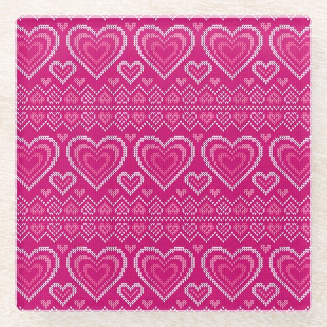 Valentine's Day Knitted Pattern 2 Glass Coaster (Front)