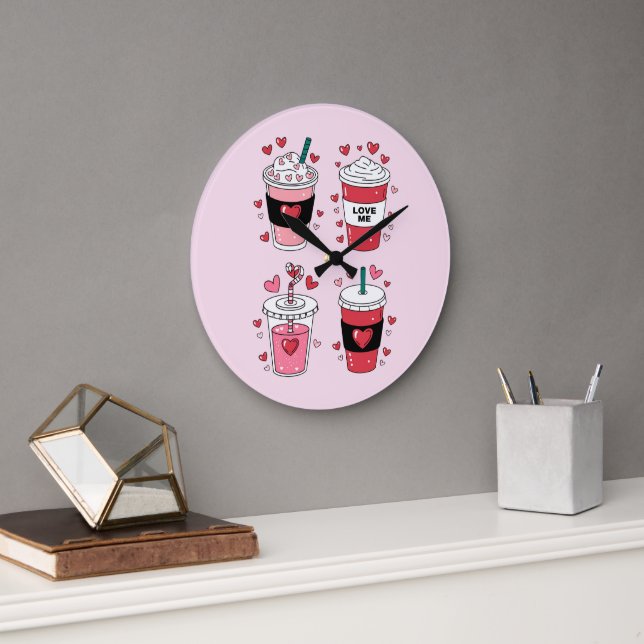 Valentines Day Latte Coffee Lover Large Clock (Office)
