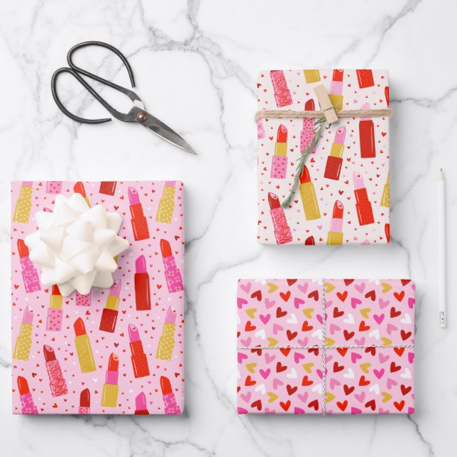 Valentine's Day Lipsticks and Hearts Wrapping Paper Sheet (Front)