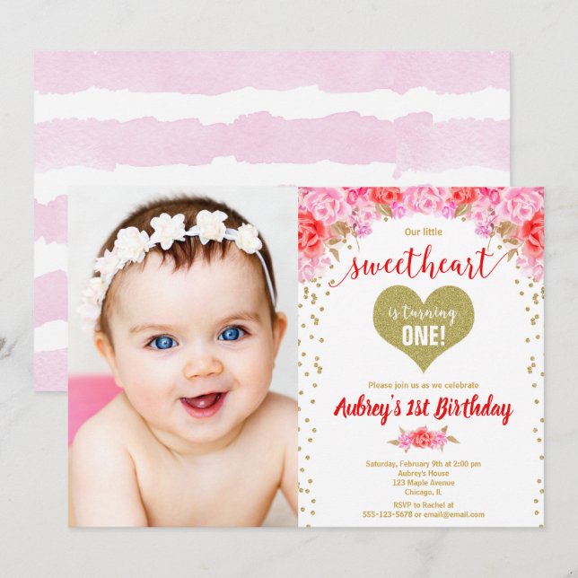 Valentine's Day little sweetheart birthday photo Invitation (Front/Back)