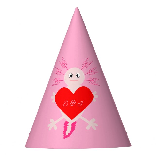 Valentines Day Love Heart Axolotl Custom Initials Party Hat (Front)