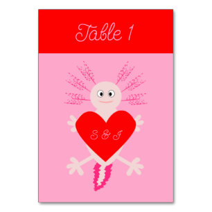 Valentines Day Love Heart Axolotl Custom Wedding Table Number