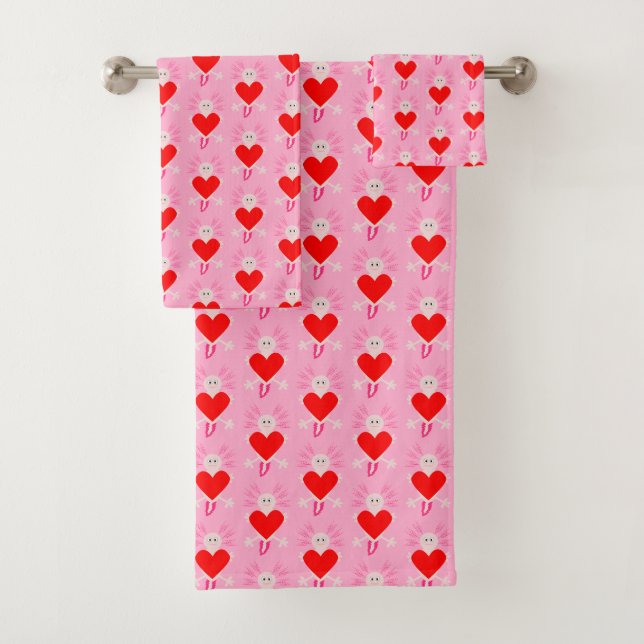 Valentines Day Love Heart Axolotl Patterned Bath Towel Set (Insitu)
