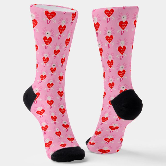 Valentines Day Love Heart Axolotl Patterned Socks (Angled)