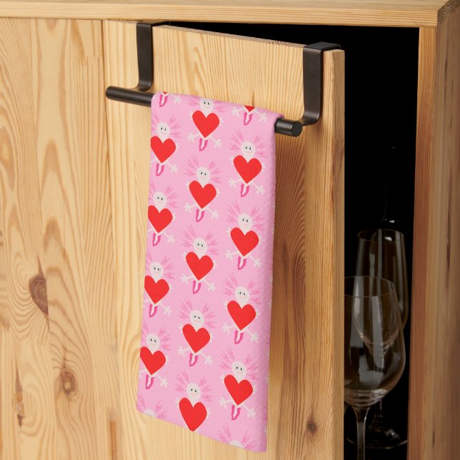 Valentines Day Love Heart Axolotl Patterned Tea Towel (Thirds Fold)