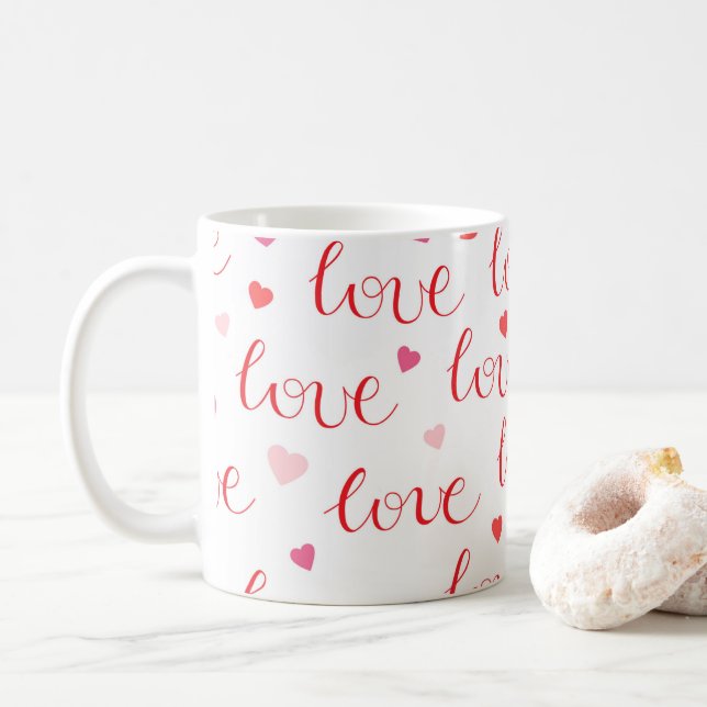 Valentine's Day Love Hearts Red Pink Pattern Coffee Mug (With Donut)