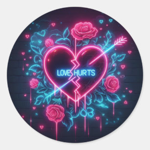 Valentine's Day Love Hurts Neon Heart Classic Round Sticker