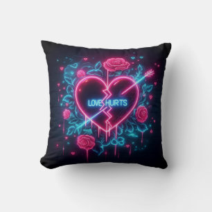 Valentine's Day Love Hurts Neon Heart Cushion