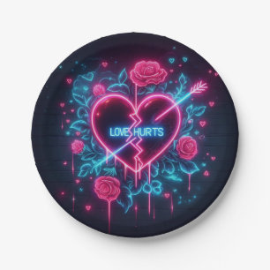 Valentine's Day Love Hurts Neon Heart Paper Plate