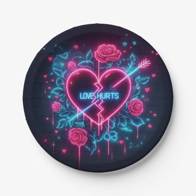 Valentine's Day Love Hurts Neon Heart Paper Plate (Front)
