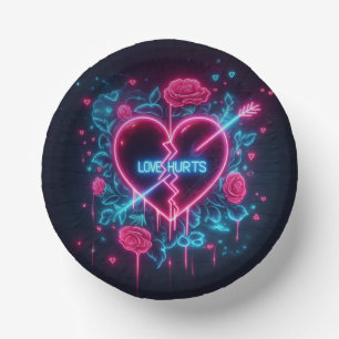 Valentine's Day Love Hurts Neon Heart Paper Plate