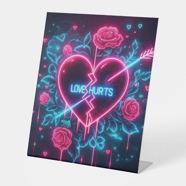 Valentine's Day Love Hurts Neon Heart Pedestal Sign (Front)
